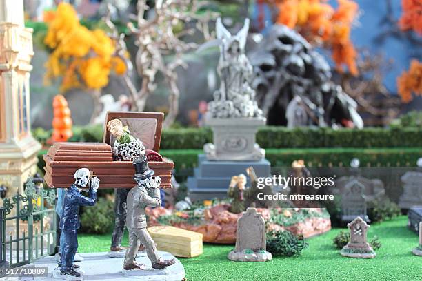 image of model halloween town / village, miniature houses, people, fall-autumn - small coffin stock pictures, royalty-free photos & images