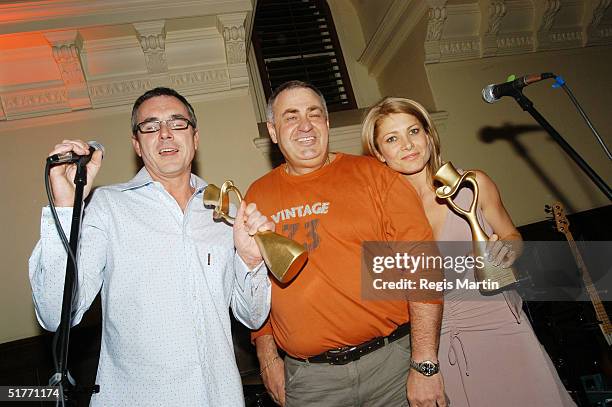 Alan Fletcher, Varity Club Australia's Norm Hutton and Natalie Bassingthwaighte attend the after party of the Rocky Horror Show by the cast of the...