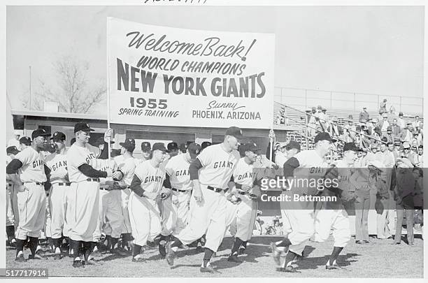 Banner Welcome for World Champs. Phoenix, Arizona: The 1955 banner is a welcome sign for the world champion New York Giants at the start of spring...