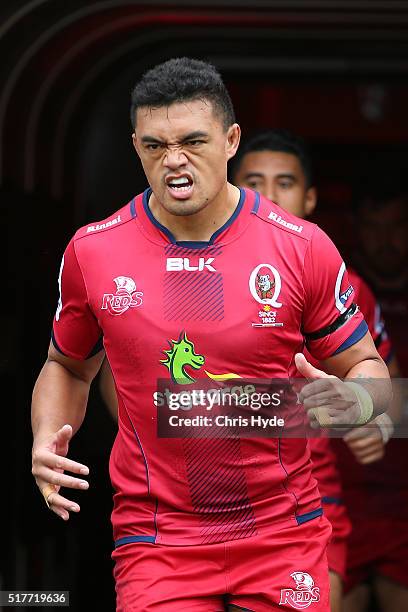 Hendrik Tui of the Reds runs out for the round five Super Rugby match between the Reds and the Waratahs at Suncorp Stadium on March 27, 2016 in...