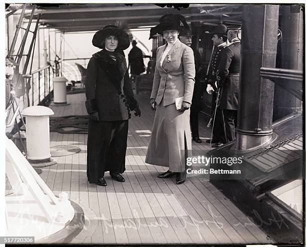 United States First Lady Helen Taft stands on the deck of a ship with her aunt Mrs. E. Loughlin. Undated photograph circa 1910.