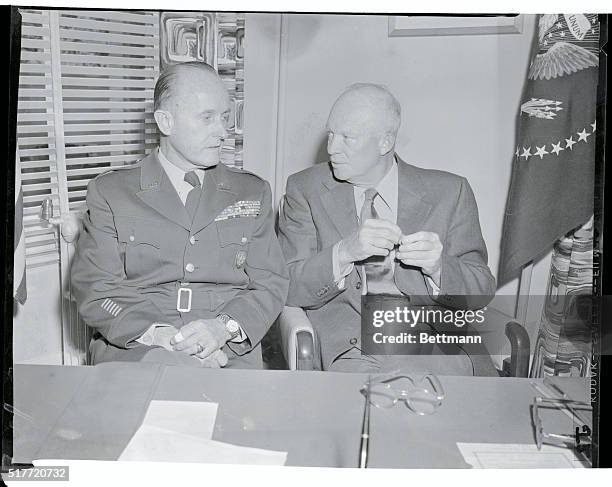 General Alfred M. Gruenther , Supreme Allied Commander in Europe, holds a strategy conference with President Eisenhower at the Summer White House at...