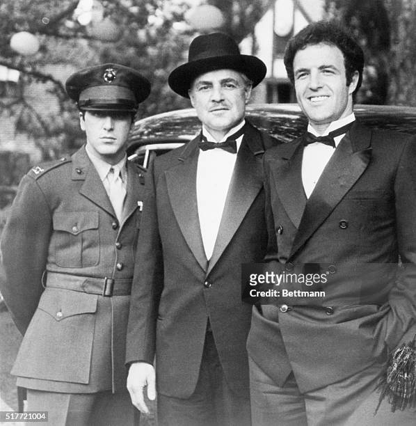 Al Pacino , Marlon Brando and James Caan , in costume for the opening scene of The Godfather.