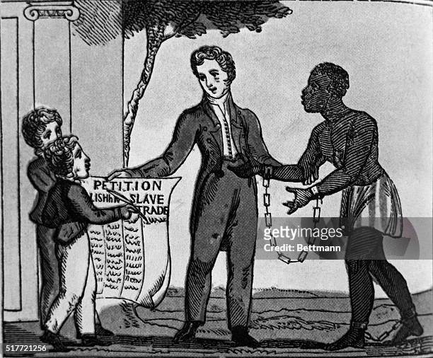 Children presenting petition for abolition of slave trade. From English children's book ca. 1830.