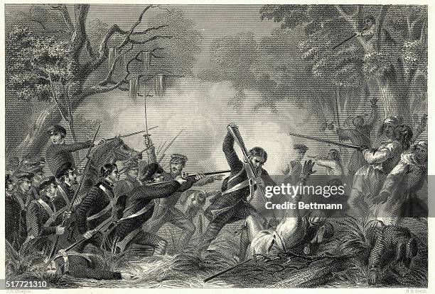 Col. Zachary Taylor fighting in the Battle of Okeechobee, Florida, December 25, 1837. Undated engraving, circa 1860.