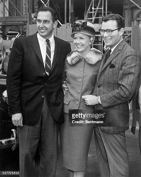 Doris Day with husband-producer Martin Melcher and producer Ross hunter on set of Pillow Talk.