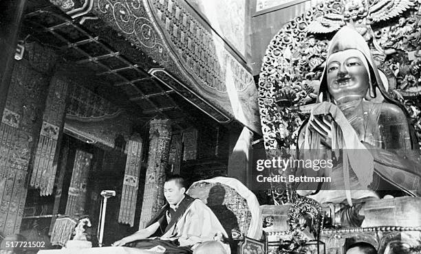 The Dalai Lama of Tibet, currently visiting Red China, is shown as he lectured on buddhist classics to Lamas and buddhist monks and laity in the Lama...