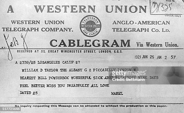 Telegram Mabel Normand sent Taylor when he was in London.