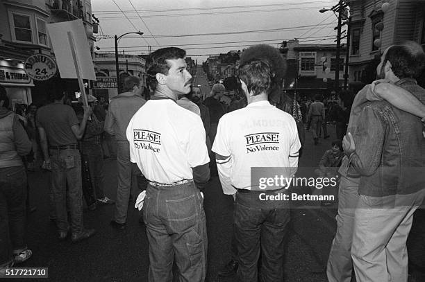 Some 3,000 homosexuals, sad but peaceful after the riot that followed the Dan White trial verdict, jammed the main street on the city's gay...