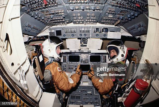 Cape Kennedy, Florida: Space ship, Columbia, the Space Transportation System First Orbiter, , with its prime astronaut crew in the cabin, John Young,...