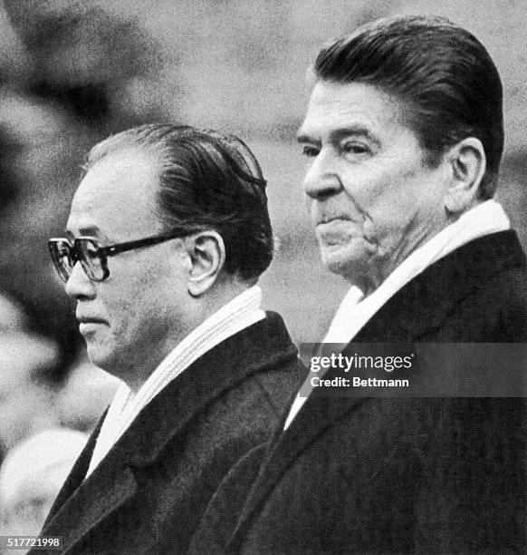 Washington: President Reagan and Chinese Premier Zhao Ziyang attend a full state arrival ceremony at the White House in honor of the Chinese Premier.