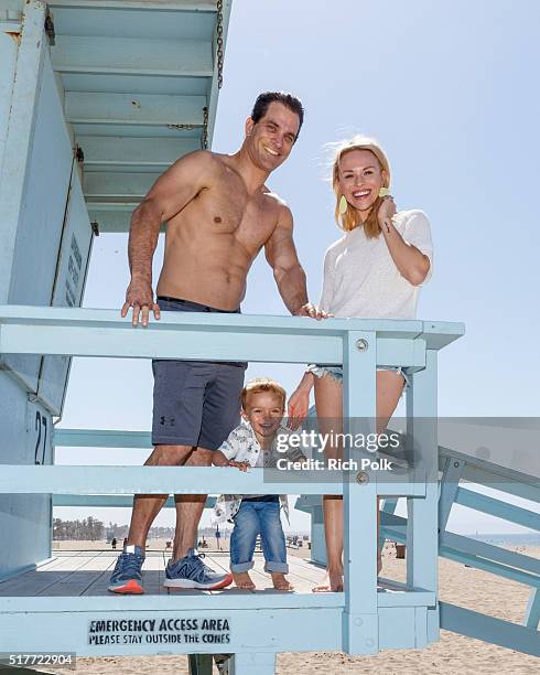 Actor Johnathon Schaech, son Camden Quinn Schaech and Julie Solomon spend the day at the beach on March 26, 2016 in Santa Monica, California.