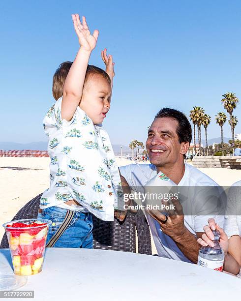 Camden Quinn Schaech and his father, actor Johnathon Schaech spend the day at the beach on March 26, 2016 in Santa Monica, California.