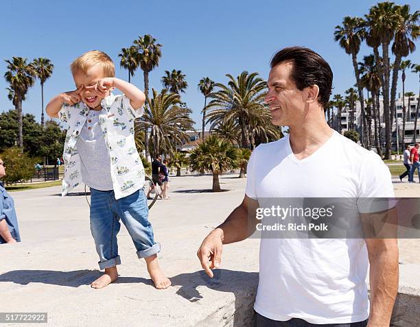 Camden Quinn Schaech and his father, actor Johnathon Schaech spend the day at the beach on March 26, 2016 in Santa Monica, California.