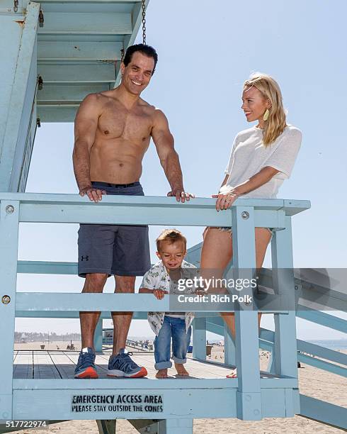 Actor Johnathon Schaech, son Camden Quinn Schaech and Julie Solomon spend the day at the beach on March 26, 2016 in Santa Monica, California.