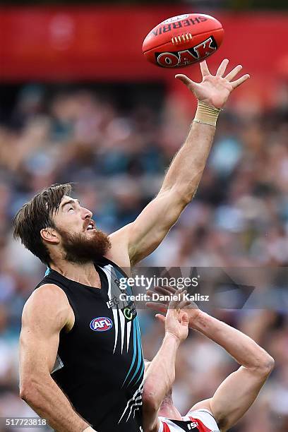 Charlie Dixon of the Power attempts a mark during the round one AFL match between the Port Adelaide Power and the St Kilda Saints at Adelaide Oval on...