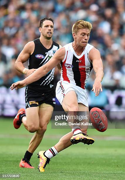 Sebastian Ross of the Saints kicks the ball during the round one AFL match between the Port Adelaide Power and the St Kilda Saints at Adelaide Oval...