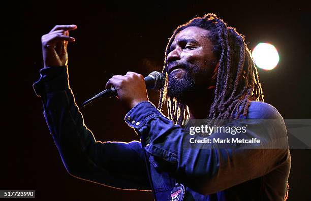 Dwayne "Danglin" Anglin of The Wailers performs live for fans at the 2016 Byron Bay Bluesfest on March 27, 2016 in Byron Bay, Australia.