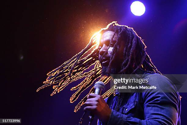 Dwayne "Danglin" Anglin of The Wailers performs live for fans at the 2016 Byron Bay Bluesfest on March 27, 2016 in Byron Bay, Australia.