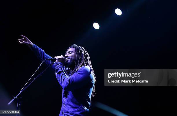 Dwayne "Danglin" Anglin of The Wailers performs live for fans at the 2016 Byron Bay Bluesfest on March 27, 2016 in Byron Bay, Australia.