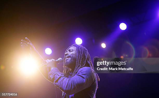 Dwayne "Danglin" Anglin of The Wailers performs live for fans at the 2016 Byron Bay Bluesfest on March 27, 2016 in Byron Bay, Australia.