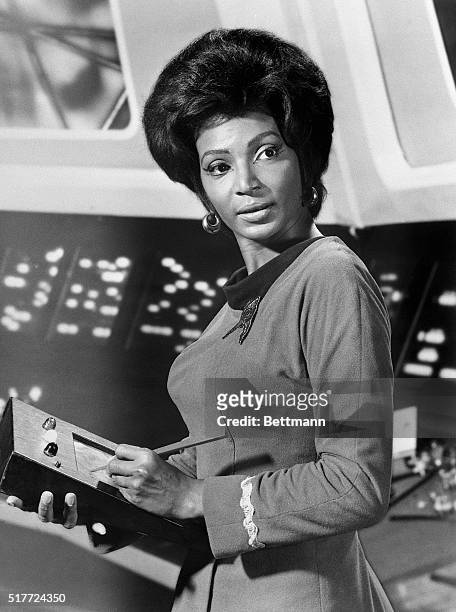 Nichelle Nichols in her role as communications officer Lt. Uhura on the TV series Star Trek.