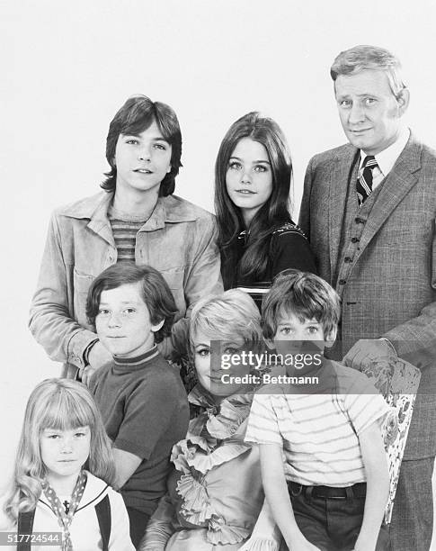 The cast of "The Patridge Family", a television show about a traveling musical family, starring Shirley Jones , and Jeremy Gelbwaks as youngest boy...