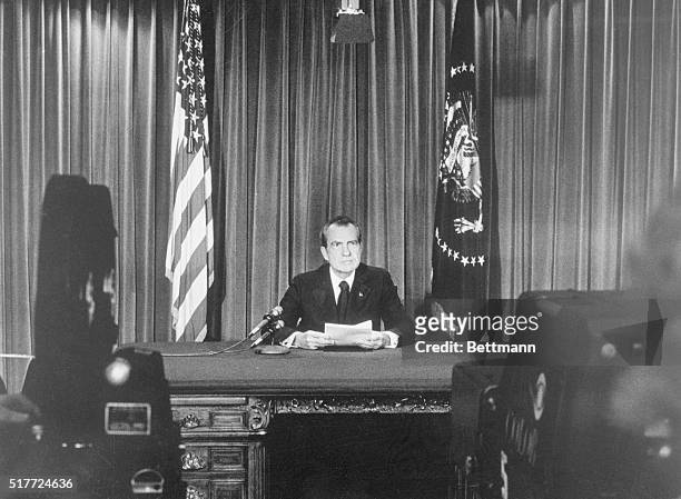 Washington: President Richard Nixon goes before the television cameras to tell Americans of his resignation from the Presidency 8/8. Official photo...