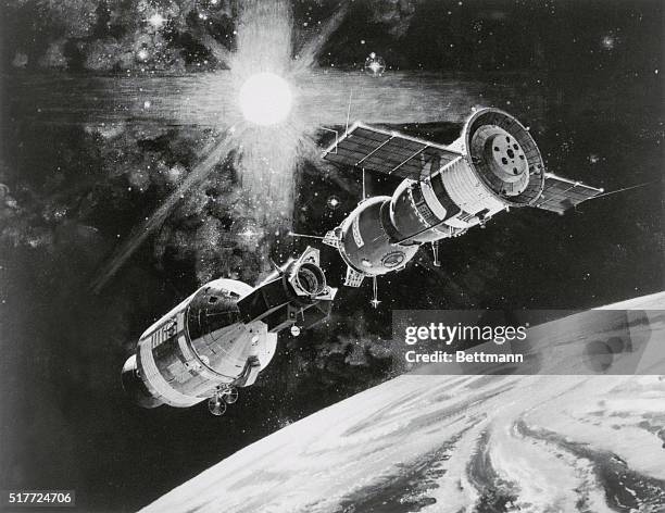 Johnson Space Center, Houston, Texas: An artists concept illustrating an Appolo-type spacecraft about to dock with a Soviet Soyuz-type spacecraft in...