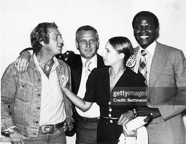 Steve McQueen Paul Newman, Barbra Streisand and Sidney Poitier at meeting of their own movie production company, First Artists Production Company,...