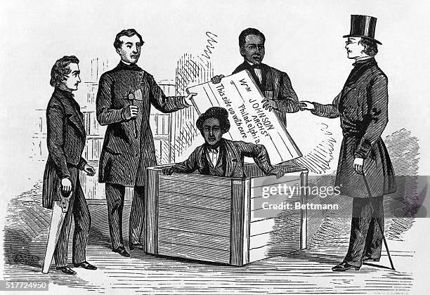Henry 'Box' Brown emerges from a three-foot box after mailing himself to the Anti-Slavery office in Philadelphia to escape from slavery in Richmond,...