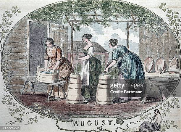 Churning butter on the porch. Color engraving. Undated.