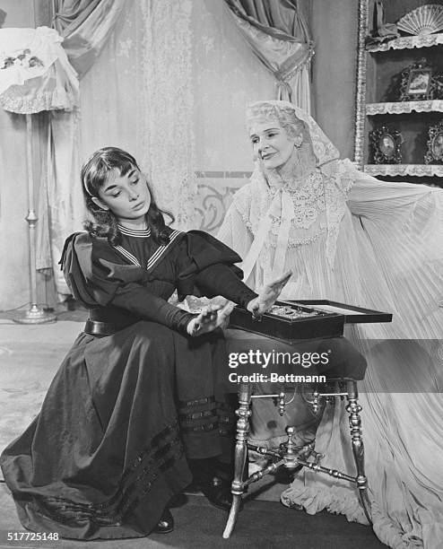 Audrey Hepburn as Gigi and Cathleen Nesbitt as her aunt Alicia de St. Ephlam in the 1951 Broadway production Gigi by Anita Loos.