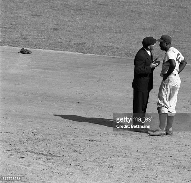 New York, NY: Jackie Robinson, Dodgers second baseman, doesn't think he was out in the sixth inning when the Giants picked him off second and he...