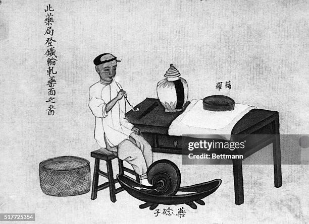 Apothecary: Smoking Chinese Apothecary grinding medicinal ingredients for pills with his feet. From a silk painting, ca. 1800. BPA2# 3643