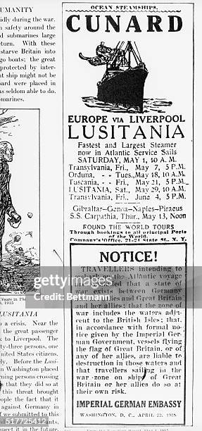 Newspaper ad from the German Embassy in Washington giving warning to Lusitania travellers before its May 1, 1913 trip through the German sub-infested...