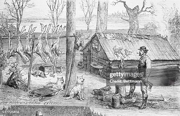 Fur trapper's log cabin in Canada. Exterior. Illustration.