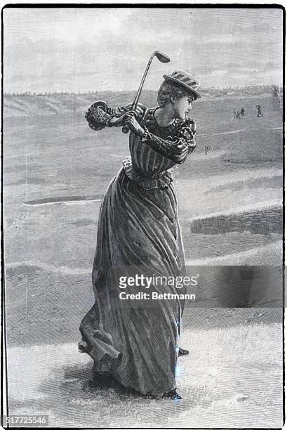 Lady golfer on Minichinhampton Common. A hazard on the Course. Drawn by Lucien Davis, 1890. BPA2# 2235 ORIGINAL CAPTION