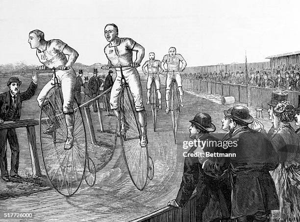 Bicycle racing english. High boneshakers. Woodcut ca 1870.