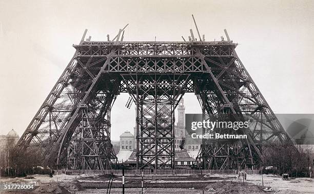 Paris, France: Eiffel Tower during construction, March 26, 1888. When the superstructure reached the first level and 4 legs were united by massive...