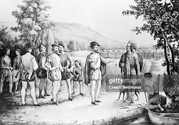 Jacques Cartier's first interview with the indians at Hochelaga in 1535. Lithograph.