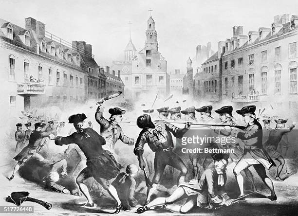Boston Massacre, March 5th, 1770. Lithograph showing Crispus Attucks, one of the leaders of the demonstration and one of the five men killed by the...