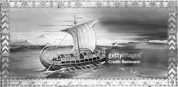 Phoenician merchant galley, ca. 7th century BC. Crossing the Red Sea. Painting.