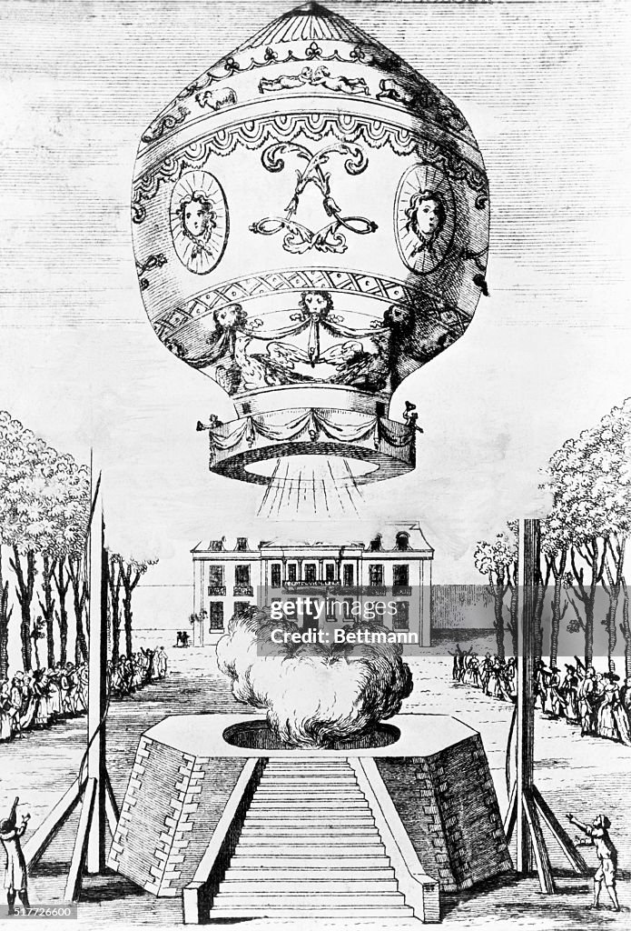 Engraving of the First Flight of Humans in a Hot Air Balloon