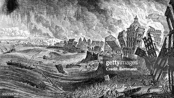 An illustration showing the bank of the Tagus River from Volcanoes and Earthquakes: A Popular Description in the Movements in the Earth's Crust by...