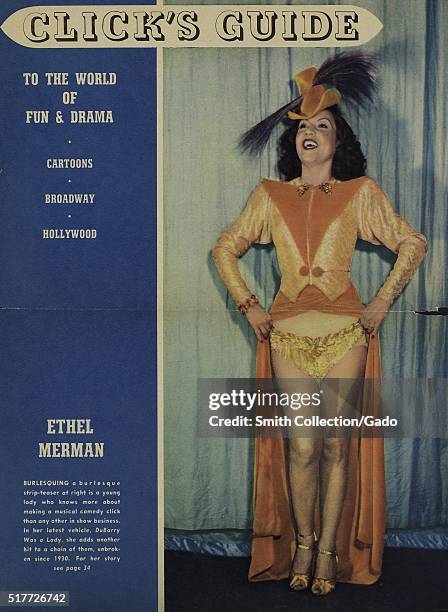 Ethel Merman, American actress and singer, known primarily for her voice and roles in musical theater, in an orange burlesque costume, on the cover...