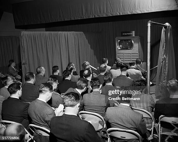 New York: Spectators watch a color television show on a 16-inch color receiver at a special press preview demonstration in New York, Nov. 13....