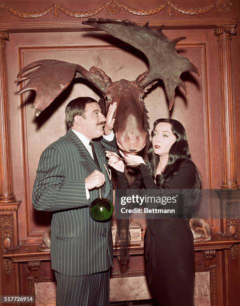 John Astin as Gomez Addams and Carolyn Jones as Morticia Addams of The Addams Family petting a moose head hanging from the wall. The popular but odd...