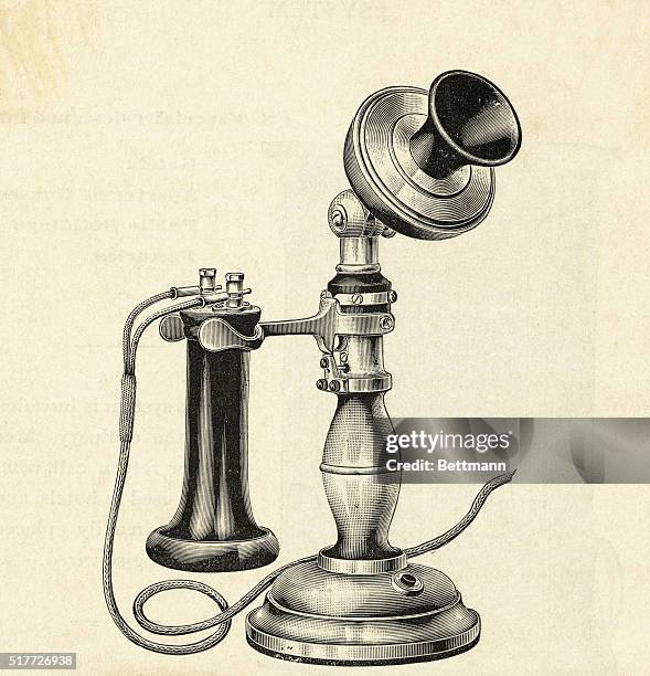 Old time desk telephone, a set. Undated woodcut.