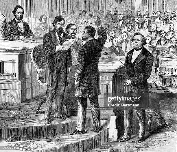 Washington, DC: Hiram Revels, colored Senator from Mississippi, taking oath of office in Washington. Woodcut.